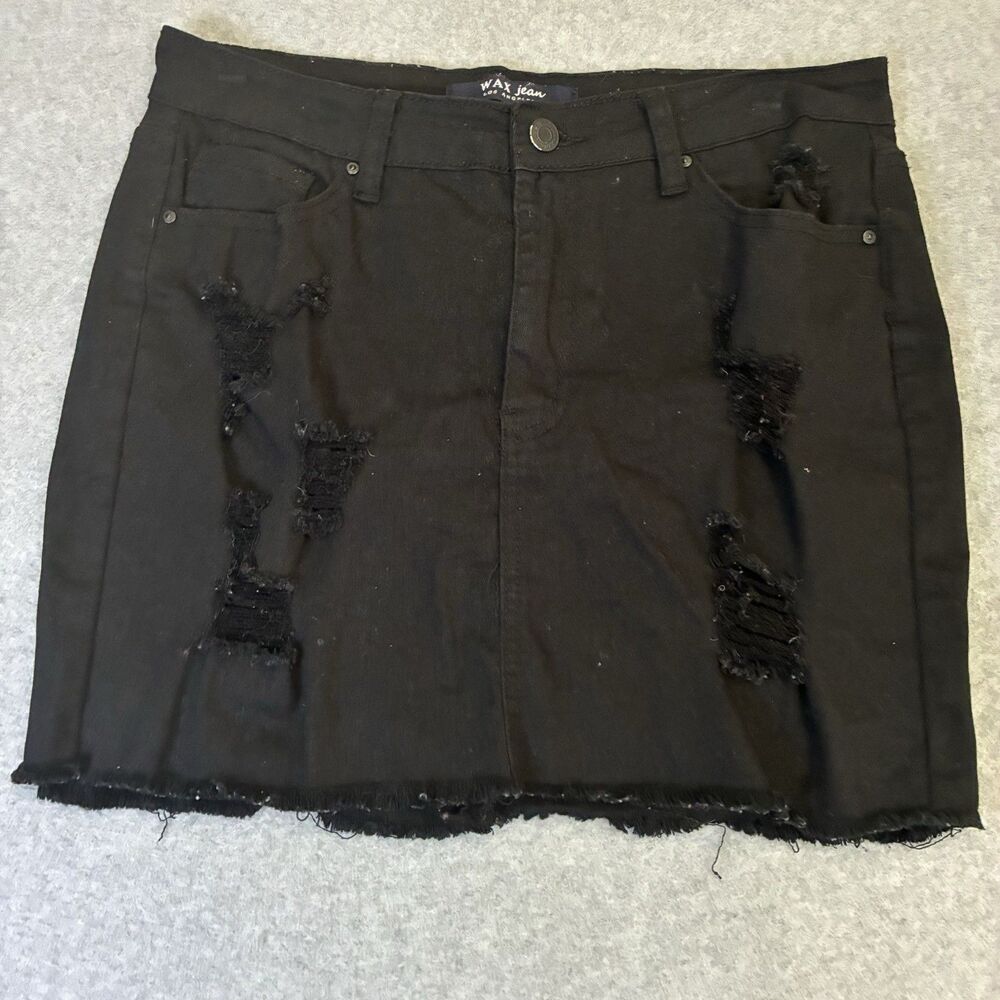 WAX JEAN Black Distressed Denim Mini Skirt Raw Hem Stretch Women’s